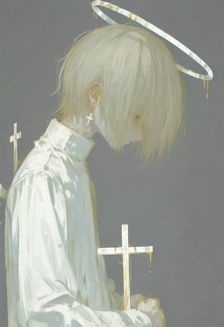 solo, 1boy, upper body, halo, cross, male focus, simple background, long sleeves <lora:748cmXL_NB11_lokr_V6311P:0.95>