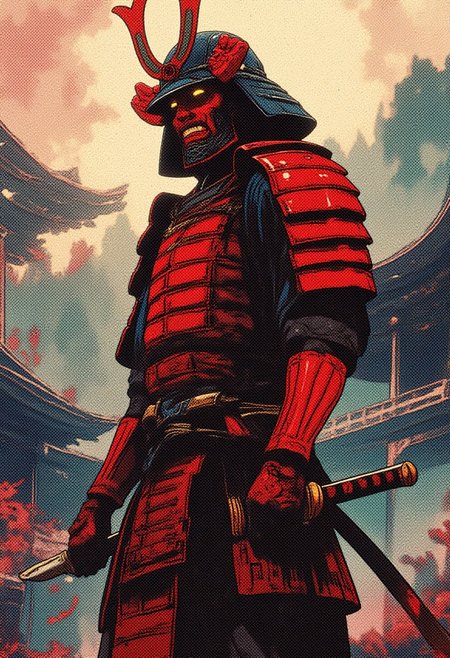 Detailed background, full body,  1 person, solo
1man, a samurai wearing red and black armor stands in a Japanese village. He is wearing a black helmet with short curved red devil horns. He has a red oni lmask over his mouth and glowing yellow eyes. It is morning and fog is in the air. Attacking pose, silver katana, 
digital illustration in a detailed, vibrant, high contrast, semi-realistic art style with 90s retro anime elements 
digital art, ancient, epic, monumental architecture, long shadows, (masterpiece, best quality, ultra detailed:1.3), detailed Illustration, official artwork, wallpaper, official art, anime elements