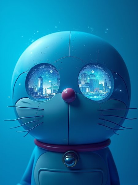 Poster Design Concept: "Doraemon: Surreal Tech Vision"
Overall Style:

Surrealism Meets Technology: The poster will blend surreal elements with a sleek technological aesthetic, focusing on Doraemon’s eyes to evoke a sense of wonder and curiosity.
Key Elements:

Doraemon’s Eyes as the Focal Point: The close-up will capture the intricate details of Doraemon’s eyes, reflecting a myriad of holographic images and data streams. The eyes will be large and expressive, conveying emotions of curiosity and intelligence.
Holographic Reflections: Within his eyes, incorporate reflections of futuristic gadgets, digital landscapes, and abstract shapes, suggesting a world of possibilities and adventures.
Background Design:

Pure Blue Background: The background will be a smooth, gradient blue, creating a calming yet futuristic atmosphere. The simplicity of the blue will allow Doraemon's features to stand out dramatically.
Subtle Tech Patterns: Overlay faint, circuit-like patterns or digital grids in a slightly darker shade of blue to enhance the technological feel without overwhelming the main focus.
Lighting and Effects:

Soft Glows and Highlights: Use soft, glowing effects around Doraemon’s eyes to create an ethereal quality. The light can subtly shift from deep blue to bright cyan, emphasizing the surreal aspect.
Depth of Field: Apply a shallow depth of field to blur the background slightly, ensuring that all attention is drawn to Doraemon’s face and eyes.
Color Palette:

Monochromatic Blues with Hints of Silver: Stick to varying shades of blue, accented with silver or white highlights to enhance the tech feel. The cool color palette will create a serene yet futuristic ambiance.
Overall Effect:
This poster will present Doraemon in a surreal, tech-inspired light, focusing on his eyes to symbolize the vast potential of imagination and technology. The minimalist blue background will enhance the overall impact, allowing viewers to connect deeply with the character while being transported into a dreamlike, futuristic realm. The design aims to evoke a sense of curiosity and wonder, appealing to both fans of Doraemon and lovers of innovative art.