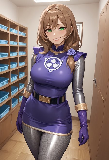 score_9, score_8_up, score_7_up, BREAK,
1girl, solo, BREAK,
sentaikageblue, shiny clothes, spandex, BREAK,
silver bodysuit, fishnet bodysuit, bodysuit under clothes, purple dress, shoulder pads, black belt, purple gloves, no headwear, BREAK,
lisa minci, brown hair, green eyes, long hair, low tied hair, large breasts, thick thighs, BREAK,
standing, smug, smile, teeth, BREAK,
indoors, Japanese locker room, shelf, clothes basket, bamboo tile floor, wooden floor