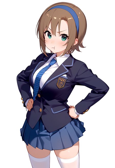 1girl,
tada riina,


white thighhighs, blue necktie, full body, white shirt, solo, hairband, shirt, blue skirt, short hair, hands on own hips, jacket, thighhighs, standing, breasts, :t, pout, blush, school uniform, looking at viewer, blazer, blue hairband, blue jacket, brown hair, large breasts, v-shaped eyebrows, white background, collared shirt, skirt, black footwear, simple background, necktie, pleated skirt,

sfw
<lora:a31_char_new_tada_riina:1> <lora:a31_style_koni-000010:0.8>