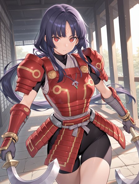 legendary six samurai - mizuho,solo,axe,holding axe,red eyes,dual wielding,looking at viewer,black shorts,1girl,red forehead mark,red armored gloves,red armored skirt,red breastplate,red shoulder armor,white shirt,low ponytail,purple hair ribbon,purple necklace,east asian architecture,
masterpiece,best quality,amazing quality,very aesthetic,absurdres,newest,<lora:Legendary Six Samurai - Mizuho illuXL v1:0.75>,