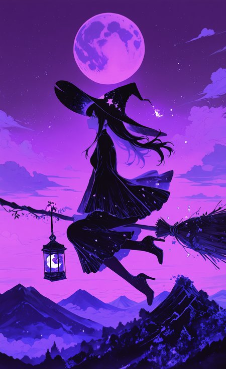 masterpiece, best quality, good quality, very awa, newest, highres, absurdres, 1girl, solo, long hair, long sleeves, dress, hat, outdoors, sky, cloud, wide sleeves, from side, high heels, profile, floating hair, night, witch hat, moon, plant, star \(sky\), night sky, full moon, starry sky, broom, lantern, mountain, witch, limited palette, purple theme, broom riding, colorful, purple sky, limited palette, <lora:illustriousXL_stabilizer_v1.23:0.3> <lora:NOOB_vp1_detailer_by_volnovik_v1:0.3> <lora:ponyv6_noobE11_2_adamW-000017:0.3> <lora:114558v4df2fsdf5:0.6> <lora:XXX667:0.4> <lora:mon_monmon2133:0.5>