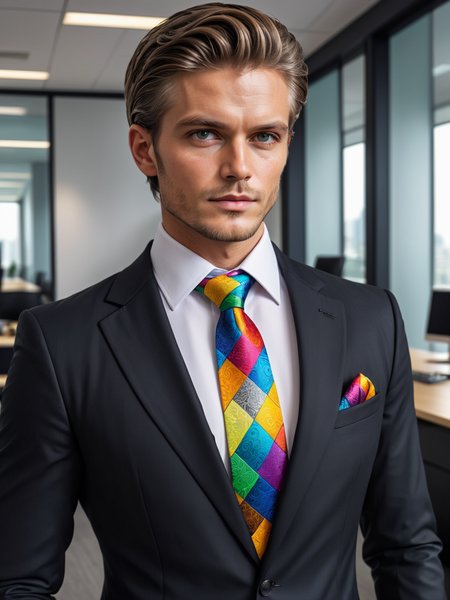 man wearing a color mad-tilestyle necktie and white shirt and black suit in office, <lora:Colorful_Tile_Style_SDXL:0.6>, (masterpiece:1.2), best quality, (hyperdetailed, highest detailed:1.2), high resolution textures