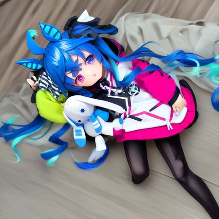 tw1nturb0, horse tail, two-tone hair, blue hair, aqua hair, ahoge, crossed bangs, twintails, hair ribbon, animal ears, heterochromia, purple eyes, blue eyes, @ @,multicolored coat, hooded coat, drawstring, long sleeves, black pantyhose, stuffed toy, stuffed rabbit,doll_style,doll