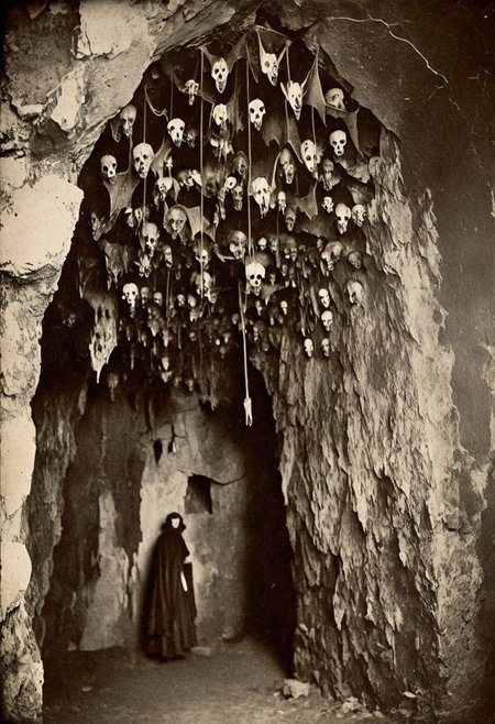 antique photo, eerie atmosphere, creepy, cave, descent into madness, lovecraft horror, walls made of skulls, one bat hanging from the ceiling, <lora:Antique_Photo:1>