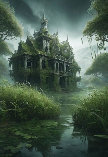 hd, 8k, masterpiece, award winning illustration  of an abandoned mansion covered with grass in a swamp, dungeons and dragons style, fantasy, group of adventurers outside, intricate details, heroic fantasy, spooky, fandist, GhostlyStyle