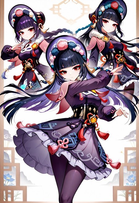 GSYunJin, long hair, breasts, black hair, hair ornament, red eyes, medium breasts, blue hair, braid, purple hair, multicolored hair, blunt bangs, twin braids, makeup, tassel, eyeshadow, hime cut, red eyeshadow,
long sleeves, dress, hat, pantyhose, frills, puffy sleeves, black dress, black pantyhose, fur trim, black headwear, capelet, frilled dress, multicolored clothes, puffy long sleeves, purple dress, pom pom (clothes), corset, fur collar, vision (genshin impact), purple headwear, bonnet, flower knot, purple pantyhose, black corset, pink capelet, multicolored headwear,
dynamic pose,