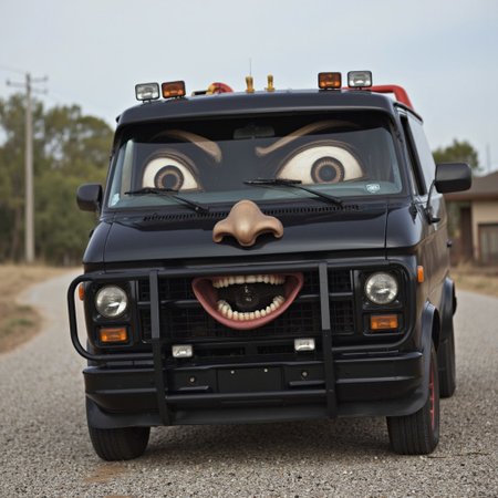 w1nd8l0wn photo. Surreal hyper-realistic photo of a black A-Team van with a face. The van has strained eyes and an extremely wide-open mouth, with large teeth.