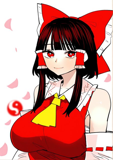 <lora:Kntaid_r1:1.2>,1girl, hakurei reimu, huge breasts, alternate hairstyle, ascot, bare shoulders, blunt bangs, blurry, bow, breasts, brown hair, closed mouth, depth of field, detached sleeves, falling petals, frilled hair tubes, frilled shirt collar, frills, hair bow, hair tubes, light smile, long hair, looking at viewer, orb, petals, red bow, red eyes, red vest, ribbon-trimmed sleeves, ribbon trim, short hair, short hair with long locks, sidelocks, solo, upper body, vest, wavy hair, yellow ascot, yin yang, yin yang orb,