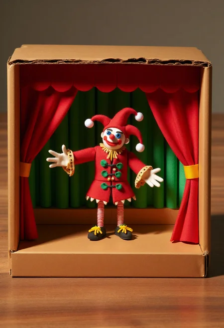<lora:Finger_Puppet_Theater_FLUX-000013:0.9>
The image is a photograph of a whimsical, handcrafted diorama with a cardboard box set up as a stage,  featuring  a court jester juggling