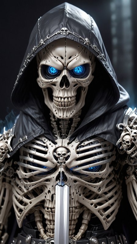 (masterpiece:1.2), best quality, high resolution, perfect lighting, extremely detailed, (Terminator assasin), battle scared white and black carbon armor, Wearing a dark cloak with hood, skull face just visable under hood, full_armor, humanoid, Metal Human skull head, (extreme detailed micro mechcanical scary Metal human skull design). Samurai sword shinning silver, Runes decorative embossments over his cloak, slim muscular body fast agile and stealthy,  <lora:Hired_Cyborg_Assasin_XL_-_By_DICE:1>