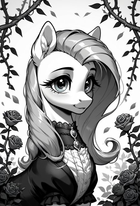 core_9, score_8_up, score_7_up, score_5_up, source_anime, Fluttershy, a beautiful and melancholic pony with an elegant gothic appearance, depicted in black and white art style. She is adorned with thorny rose vines around her head, with roses blooming among the thorns. The composition is framed with intricate geometric patterns, emphasizing her graceful yet somber pose. Her expression is reflective and slightly sorrowful, with detailed mane flowing gently around her. The background is dark and textured, featuring faint glowing orbs and shadowy branches, creating a mysterious and enchanting atmosphere. Ultra-detailed, high contrast, painterly monochrome style, equine features emphasized.