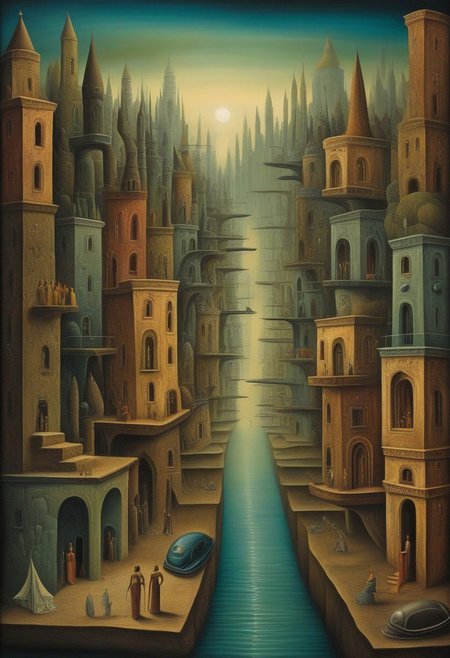 surrealist art city. dreamlike, mysterious, provocative, symbolic, intricate, detailed