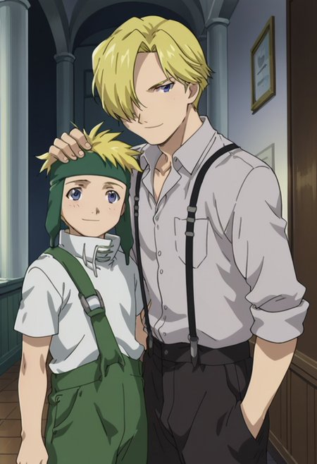 score_9, score_8_up, score_7_up, source_anime, highly detailed, 2boys,

fletchertringham, 1boy, male focus, blonde hair, upper body, standing, shirt, white shirt, pants, short sleeves, headband, green pants, overalls, forehead protector, blue eyes, smile, BREAK

russelltringham, 1boy, male focus, blonde hair, blue eyes, suspenders, shirt, pants, black pants, white shirt, collared shirt, hair over one eye, BREAK

posing for a photo, brothers, hand on another's head, head pat, motion lines, height difference,