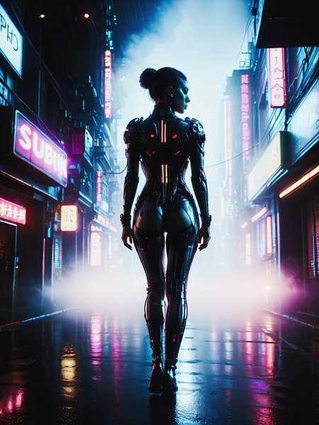 mad-cbrbdy woman walking,surreal digital cityscape, haze, steam, rain, neon light, cyberpunk, <lora:Neon_Cyberpunk_Cyberbody_v2_SDXL:1.2>, raw photo, film grain, Fujifilm XT3, (photorealistic, realistic:1.2), deep shadow,  8k, uhd, dslr, ultra high res