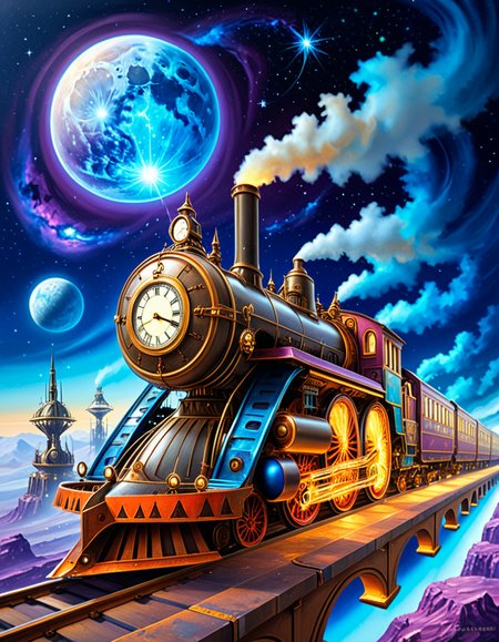A surreal, steampunk-inspired painting of a fantastical train speeding through deep space, in the distinctive style of JarosÅaw Jasnikowski. The train is elongated, with exaggerated mechanical partsâgears, pistons, brass pipes, and rotating turbinesâinterwoven with intricate ornamentation and impossible engineering. The locomotive defies gravity, riding on luminous rails made of light and energy that twist and spiral into the cosmic void. Stars, nebulae, and strange planetary bodies fill the background, glowing in vibrant hues of violet, blue, and crimson. The train's engine emits streams of golden steam and electric sparks that blend into the surrounding stardust. Elements of surreal architectureâfloating domes, clock towers, and spiresâdrift alongside the train, evoking a dreamlike journey through a mechanical universe. The atmosphere is otherworldly, with dramatic lighting, long shadows, and rich, metallic textures. The entire composition has a dreamlike, metaphysical quality, with exaggerated perspective and impossible physics, capturing Jasnikowskiâs unique visual language.<lora:SDXLFaeTastic2400:0.4> <lora:extremely_detailed:0.4> extremely detailed, <lora:JarosÅaw_J4sn1k0wsk1_r1:1>,JarosÅaw J4sn1k0wsk1, Masterpiece,best quality,hi res,8k,hi res,8k,award winning,(sharp focus, intricate, highly detailed),