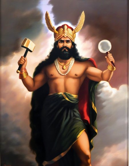 painting of god of thunder, thor, thunderbolt in hand, cloudy sky in the background, in the style of Raja Ravi Varma <lora:Raja_Ravi_Varma_Style_SDXL_LoRA:1>