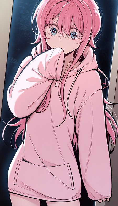 <lora:yushanshan:1>,yushanshan,1girl,long hair,pink hair,hair between eyes,blue eyes,pink hoodie, sleeves past wrists, long sleeves,, masterpiece,best quality,amazing quality,anime screenshot,