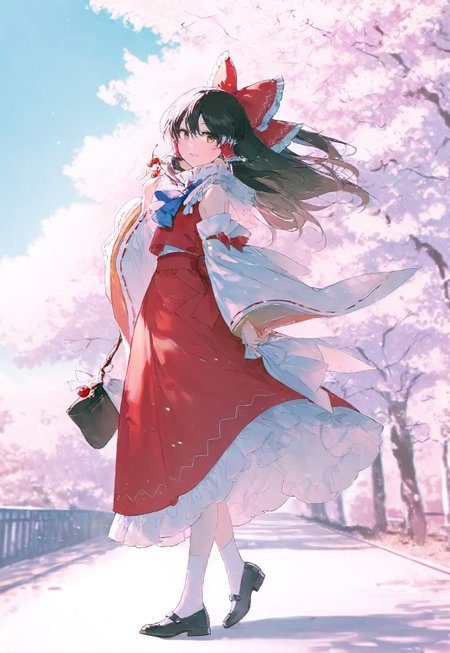 (rella:1.2), touhou, hakurei reimu, 1girl, ascot, black hair, blue ascot, bow, brown eyes, closed mouth, detached sleeves, frilled bow, frilled hair tubes, frills, hair bow, hair tubes, long hair, mary janes, red bow, red skirt, ribbon-trimmed sleeves, ribbon trim, shoes, sitting, skirt, skirt set, socks, solo, white socks, bag, blurry, blurry background, cherry, cherry blossoms, chromatic aberration, cloud, day, fence, floating clothes, floating hair, flower, from side, full body, gradient bow, gradient bowtie, hair flower, holding, holding bag, looking at viewer, open mouth, pale color, road, smile, solo, standing, tree

, light, light particles