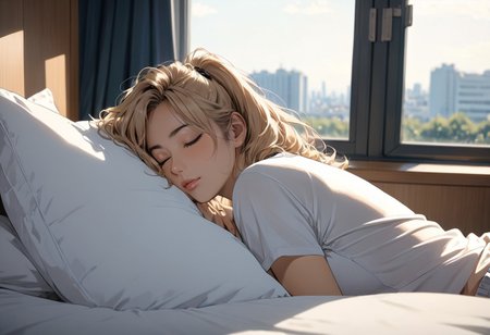 (anime, masterpiece, intricate:1.3), (best quality, hires textures, high detail:1.2), (4k),(incredibly detailed:1.4), perfect anatomy, correct sense of scale, side lighting, feminine body, shiny skin ,blond hair , curly hair, high layer, high layer long, shaggy cut, ponytail, blue eyes, marine blue eyes, drooping eyes, disheveled hair, oval-faced, slim, big breasts, constricted waist, nice body, lips, Sexy mouth, high pointed nose, (nostrils:1.3), neatly drawn nose, adult, ,1woman,woman in her 30s, beautiful fingers, beautiful white skin, Beautiful clear skin, whole body, blush, From the side, 
 sunlight, bright sun, hot summer day, 
casual clothes, Tank top, dolphin shorts, 
sleeping on a bed, eyes closed, sleeping on one's back, she is tired and sleeping, 
indoor, beautiful Bed room, near Window, 
no bra, covered nipples,