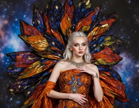 <lora:Staggering:0.85> staggering, Digital painting, surreal extravagance, iridescent butterfly wings as couture, flowing liquid gold embellishments, hyperreal textures, cosmic background with nebula clouds, a slender figure with platinum hair and diamond dust makeup, ethereal soft lighting. . 35mm photograph, film, bokeh, professional, 4k, highly detailed