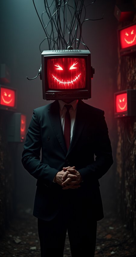 A surreal and eerie scene featuring a man with a television as his head, displaying a sinister red smiley face dripping with digital distortion. The figure is dressed in a sharp, dark suit, standing in a dimly lit, dystopian environment. Thick, black cables emerge from the back of the TV head, intertwining with the background's chaotic mess of wires and broken screens, all bathed in an ominous red glow. The manas hands are clasped together, giving off a menacing yet composed demeanor, as if he is in control of this chaotic digital landscape. The atmosphere is dark, unsettling, and charged with a sense of looming danger, aiai-Glimra