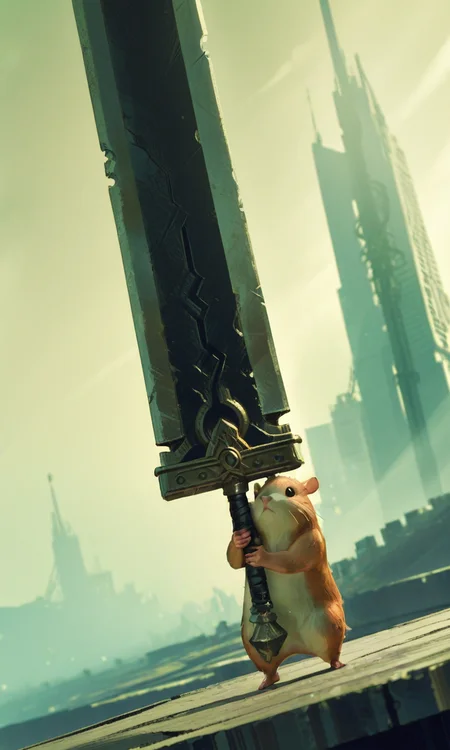 very tiny little hamster wielding giant sword skywards, off_screen, angle, determent,  no_humans, <lora:illu-giant-sword:.8>, <lora:- iLL - temp_assorted_junk_V1.0-step00002500:.8>