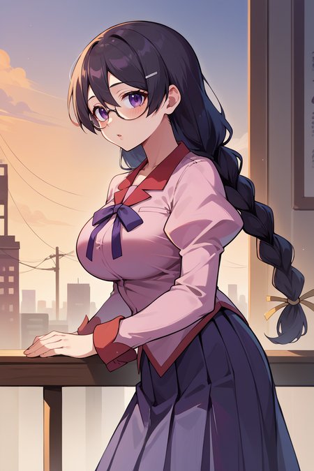 score_9, score_8_up, score_7_up, score_6_up, source_anime, BREAK 1girl, solo  <lora:tsubasa-pdxl-nvwls-v1-000005:1> defTsubasa, black hair, purple eyes, braided ponytail, glasses, school uniform, pink shirt, puffy sleeves, long sleeves, pleated skirt, from side, sunset, city, looking at you, chestnut mouth, (big breasts:0.7)