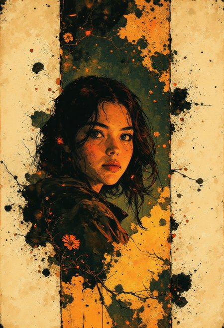 A highly stylized digitally drawn hyper-realistic abstract collage artwork, featuring a woman with a striking and enigmatic expression at the center. Her face is partially obscured by overlapping papers and abstract shapes, with long, dark hair cascading around her shoulders. The lighting is soft and warm, casting a gentle glow on her features, accentuating her large, expressive eyes as she gazes directly at the viewer with a blend of curiosity and intensity. The background is a stark white canvas, allowing the vibrant elements of the collage to stand out. Surrounding her face are torn and textured papers in shades of yellow, orange, and brown, overlaid with bold black lines and geometric shapes that add depth and complexity to the composition. Scattered throughout the image are pieces of text in various fonts and sizes, with the numbers "696969" prominently featured in the lower right corner, hinting at a cryptic narrative or reference. The style is a dynamic fusion of modern abstract art, pop art, and digital collage, creating a visually striking, layered composition that blends traditional materials with contemporary techniques. The composition maintains a sense of fluidity and interaction, inviting viewers into a mysterious, yet sophisticated visual experience.