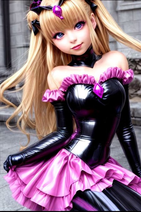 blonde evil corrupted young princess wearing dark pastel (ruffled:1) (gleaming latex:1) DarkPrecure Bad_End_Precure gown with (long latex cape:1) and latex elbow bridal gauntlets, (Perfect Face:1), soft lighting, glossy red lips, ruffles,
<lora:more_details:1>