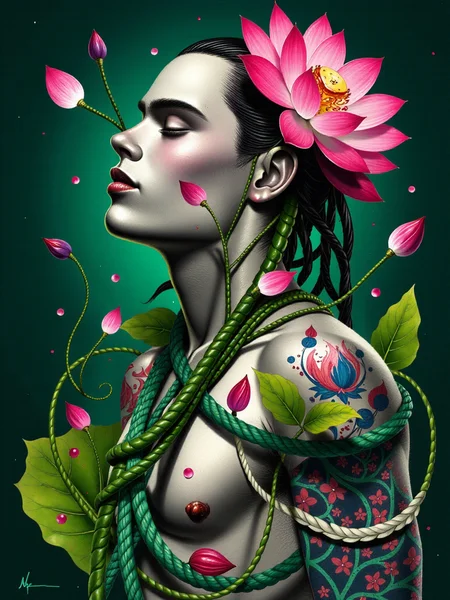 <lora:HasegawaMAN:1> Concept Art Of zombie body braided with beautiful lotus flowers, vines and tendrils, lotus flowers and flower buds, perfect decomposition, mystical colors, rim light, beautiful lighting, a