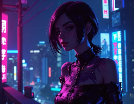 cyberpunk, by Sultan Mohammed, concept art, cyborg hourglass figure Ciri of [Change|Haste], background is night city, neon-lit, wearing Culottes and off-the-shoulder top, Dark hairstyle, Vivid, Lowbrow Art, cartoony, neon hue, shadowrun, highly detail, epic atmosphere, gorgeous, professional creative, stunning detail, confident, ambient background
