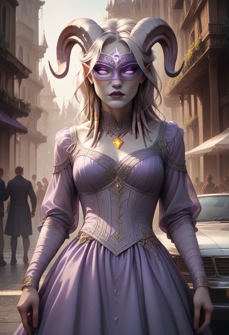 (absurdres, best quality, masterpiece:1.4), score_9, score_8_up, score_7_up, score_6_up, detailed, detailed body, detailed face, 
culDraenei, purple eyes, no sclera, no pupils, athletic, tall, slim, pale skin, grey skin, long tail, long ears, 
(masquerade dress, purple), 
upper body, stern, 
outdoors, modern city background, cars, ((multiple crowds, human, varied clothing, modern clothing))