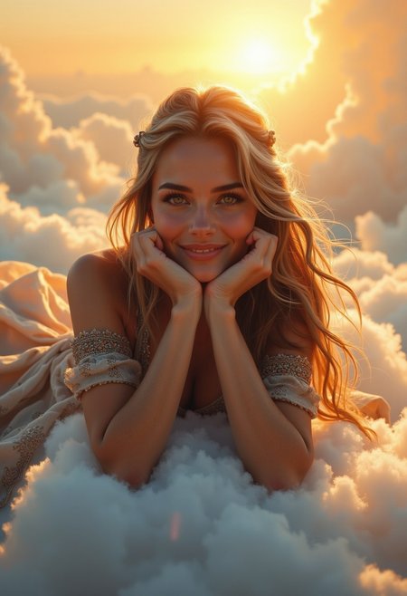 A beautiful woman lies on a cloud. lies on the stomach. resting his head on his hands. dreamy, in love, happy look. long hair. long elegant dress with intricate patterns. The dress is tight at the chest and widens towards the bottom. Clouds and sun are visible in the background.
best quality, ultra-detailed, very aesthetic, illustration, perfect composition, intricate details,  atmospheric lighting, streaks of light
Masterpiece, vibrant colors, very detailed, midjourneyv6.1, detail background, detailed, focus on woman,