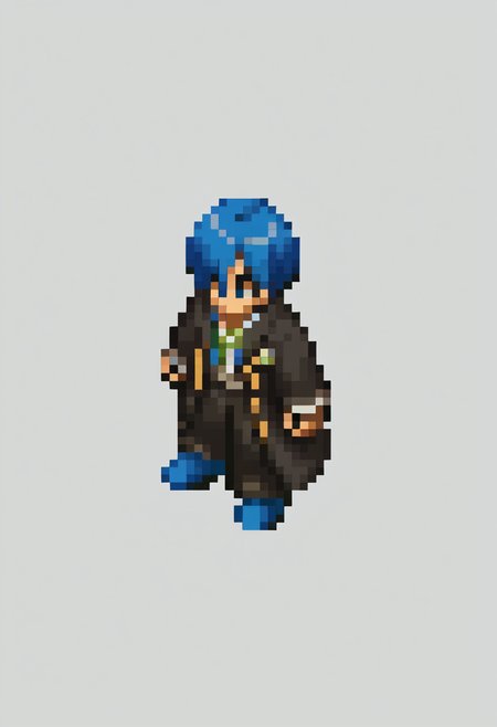 score_9, score_8_up, score_7_up, source_anime, BREAK, solo, 1boy, <lora:FFT-SpritesV2-pdxl_Fp:1>, looking at viewer, straight-on, full body, standing, solid oval eyes, no mouth, no nose, pixel art, from side, <lora:MakotoP3-pdxl_Fp:0.8>, makotop3, school uniform, gekkoukan high, blue hair, blue eyes, short hair, black jacket, hair over one eye, black pants, blue footwear, dress shirt,