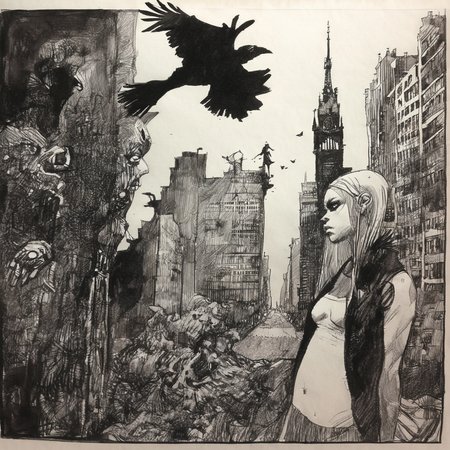 drawix20 girl and raven in city, very detailed, black ink <lora:drawix20:1>