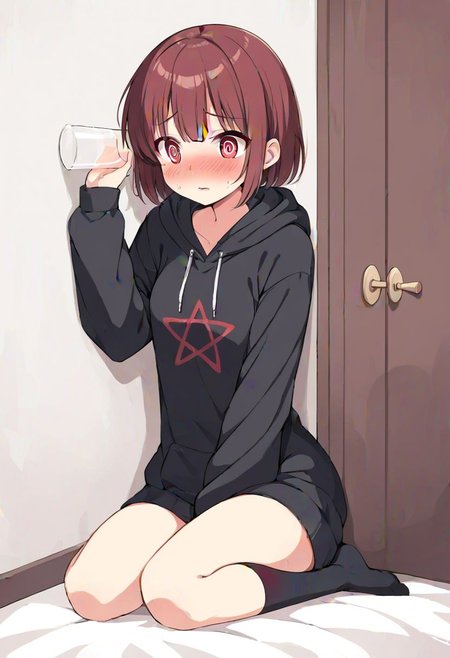 girl, chara, red eyes , dark brown short hair, ((masterpiece)), ((high quality)),best quality, (extremely detailed CG:1.2), Highres, 4K, 8K,big black hoodies, red pentagram on hoodie, black socks, Stick to the { wall | door }, eavesdrop, { Listen to the door | put one's ear to the door | Listen to the wall | put one's ear to the wall | Put a glass to one's ear and listen to the wall}, {|||| embarrassed, blush, @_@ | sitting, fog, nose blush, hands between legs, fidget }