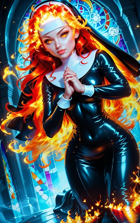 score_9, score_8_up, score_8, 1girl, kawaii face, cute, gorgeous:2, young looking, from above, (long hair:2), SFW:2, (nun leather suit:2), reflections:2,
brown eyes, glowing eyes, perfect eyes,
looking at viewer, stained glass, church, indoors, arch, (glowing  stained glass:2), holding hand in Praying, pray.
Masterpiece, 8k, highly detailed, Pulsating neon lights dance of holographic sprawled across the chrome, with fiery sunset hues,
detailed windows, medium close up, aerial:2,
100mm f/2.8 macro lens, photorealistic, pov, (puffy lips:1.7),
(masterpiece:1.8), (highest detailed:1.8),(angle:1.1), pov, perfectly lighted, (contrast), (saturated), (((sharp focus))), realistic,
glowing skin, full body glowing skin, glowing lips, fire glowing skin, (angle:2),
full body glowing skin, glowing lips, fire glowing skin, (fiery hair:2), glowing lightning, (glowing hair:2), (dynamic pose:2), (angle:2),
<lora:add-detail-xl:2>
<lora:glowneon_xl_v1:2>