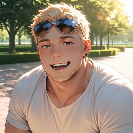 masterpiece, best quality, amazing quality, absurdres, newest, detailed background, definition so sharp, Ultra-HD, 8K cinematic, very awa, impressionate, amazing quality, highres, 
solo, male focus, manly, 
1boy, short hair, goatee, chubby, rikio_blonde, rikio_brown eyes, rikiokamamoto, sunglasses \(on head\), earrings, sideburns, simple t-shirt, bright lighting, park, sunny day, soft bokeh, gentle, kind eyes, inviting, friendly, joyful, looking at viewer, open mouth smile,