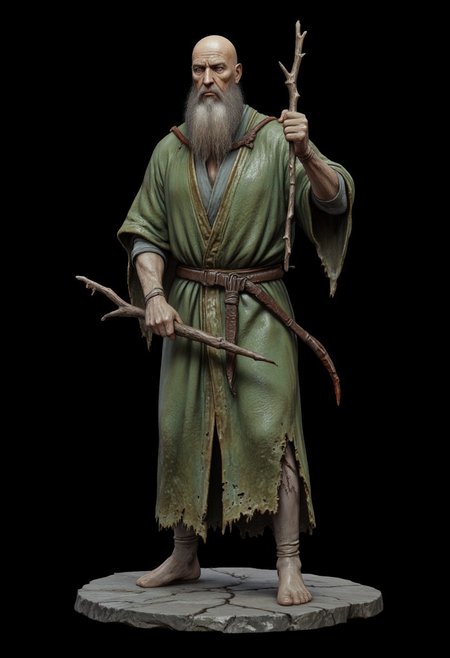 A middle aged green tunic bald wizard holding a small short wooden branch magic wand in his right hand with a spel incantation charing infront of his left hand, the clothes are ragged and torn but pristine
Standing on a flat ground the camera angle is high rotated
Set against a solid dark black color background to emphasize its unnatural form that emphasizes its silhouette. The medium is not a traditional painting or illustrative medium like watercolor or ink but rather a digital 3D rendering.
MikeFranchinastyle, bbstyle,, horror theme,, ZBClay model of a gray sculpture, zbrush, d4arks0uls, overcast lighting, jedioutfit