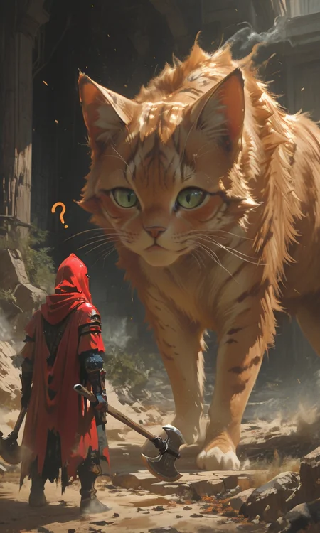 what's up?, here comes joh... cat :3, axe wielding psychopath, looking at each other,   <lora:- iLL - master_of_slob_omnom_V1.0-step00011500:.6>, <lora:BossBattleIL:0.8>,