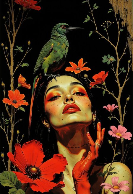 Highly stylized portrait of a woman with delicate features, her pale skin contrasted by striking red-painted hands and lips. A vibrant green bird with a black beak and long orange tail perches on her head, introducing a surrealist twist and a touch of exoticism. Surrounding her, vivid red, pink, and orange flowers intertwine with natural tree branches, forming an organic frame around the central figure. The deep black background amplifies the brightness of the flora and fauna, drawing attention to their vivid hues. The soft texture of the woman’s skin, the intricate detail of the flower petals, and the glossy sheen of the bird’s feathers are rendered with meticulous realism. The composition seamlessly blends surrealism and fine art, creating a dreamlike atmosphere full of depth, contrast, and vibrant beauty. Ultra-detailed, 8K quality, HD, masterpiece artwork, flawless anatomy.