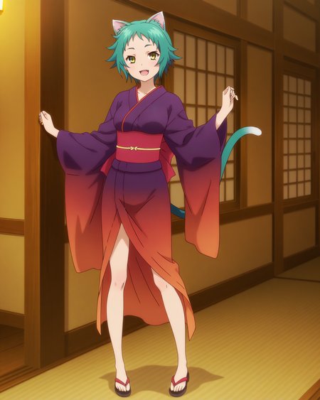 (kimono:1.50), 
ys-yaya, green hair, short hair, yellow eyes, 
1girl, (solo:1.60), skinny,
(masterpiece, best quality, amazing quality, absurdres, high quality, highres, masterpiece), 
happy,
full body
,
(:0.90), 
BREAK,
,
,
(anime coloring),
medium breasts,
cat ears, cat tail
<lora:ys-yaya-V01-illXL:0.90>
