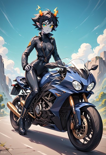 ZPDXL3, score_9, score_8_up, score_7_up, rating_unsafe, solo, masterpiece, female troll, slim, small waist, grey skin, pointy ears, round face, wide eyes, black freckles, black hair, short hair, scruffy hair, turquoise eyes, yellow sclera, straight orange horns, open top black tight leather bodysuit with turquoise stripes, open top motorcycle bodysuit with zipper, military boots, riding motorcycle, cr0tchr0ck3t, motorcycle, ground vehicle, motorcycle,