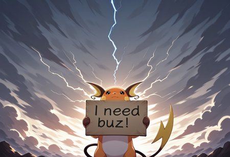 ((masterpiece, best quality, highly detailed, 8k,)) Raichu holding a sign, pokemon, stormy clouds, electricity, dramatic lighting, need_buzz, holding sign