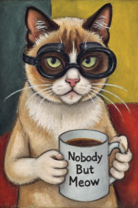 henrimatisse1 painting. 
Grumpy Cat wearing a VR Headset, holding a coffee mug. The mug has the phrase "NobodyButMeow" printed <lora:henrimatisse1_f16e11:1.0><lora:870961421272275426:0>