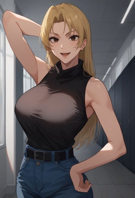 score_9, score_8_up, score_7_up, source_anime,  uncensored, <lora:Viper_Risen-000014:1>, v1p3r1seV6, BREAK, 1girl, long hair, blonde hair, brown eyes, Yuki Tsukumo, sleeveless, sleeveless turtleneck, black shirt, denim jeans, black belt, big breasts, curvy, big ass, seductive smile, seductive eyes, smile, head tilt, open mouth, looking at viewer, solo, cowboy shot, dynamic pose, indoors, school, hallway, hand on hip, arm behind head,