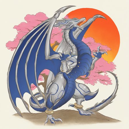 highres, best quality, masterpiece, very aesthetic, newest,solo,dorugoramon,standing,claw pose,wings, traditional media,full body,open mouth,teeth,dragon,sun,cherry blossoms,traditional media,ukiyo-e, outdoors, <lora:DorugoramonIllustrious:0.95>