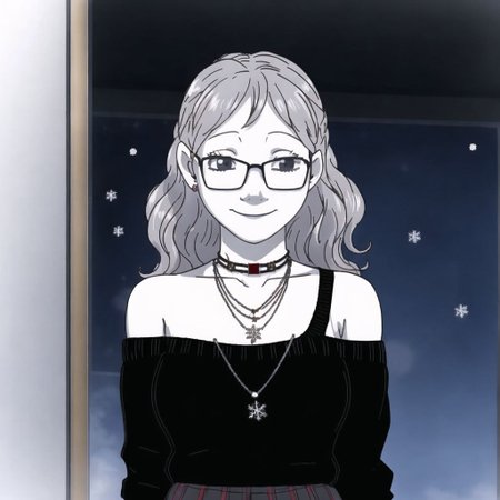 <lora:vojacmeme:1.0>, vojac,  doomer, 

<lora:lovelycomplex3:1>, 1girl, adjusting eyewear, bespectacled, black choker, black tank top, braid, breasts, brown skirt, choker, french braid, glasses, hairband, high-waist skirt, highres, huge breasts, jewelry, looking at viewer, off-shoulder sweater, off shoulder, pendant, plaid, plaid skirt, ribbed sweater, semi-rimless eyewear, short hair, silver hair, skirt, smile, snowflake pendant, solo, sweater, tank top, under-rim eyewear, virtual youtuber, wavy hair, white sweater